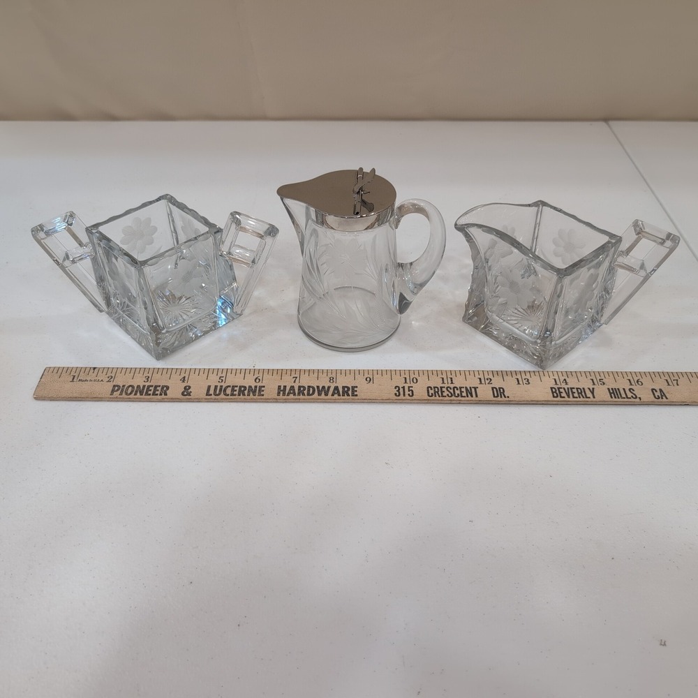 VTG Heisey Etched Daisy Crystal Creamer Sugar Quator #355 Set + Matching Pitcher - Picture 8 of 11